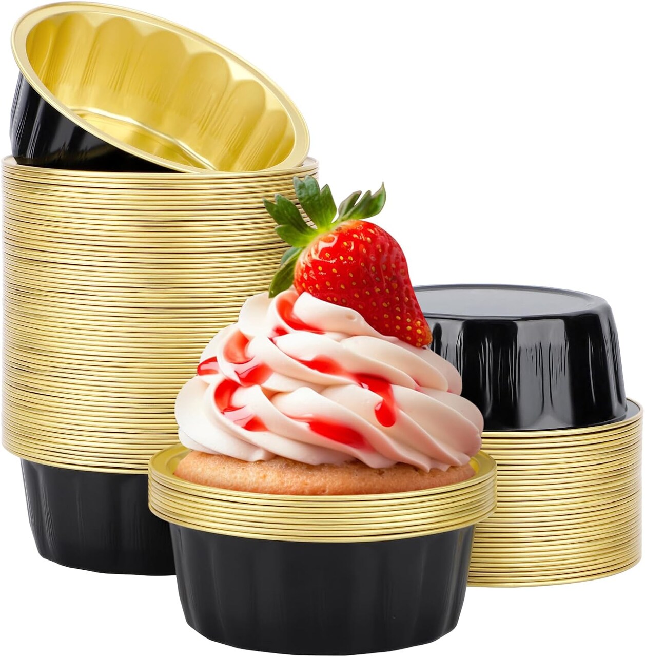 100 Black & Gold 8oz Disposable Baking Ramekins – 3.9" Aluminum Foil Cups for Muffins, Soufflés & Desserts